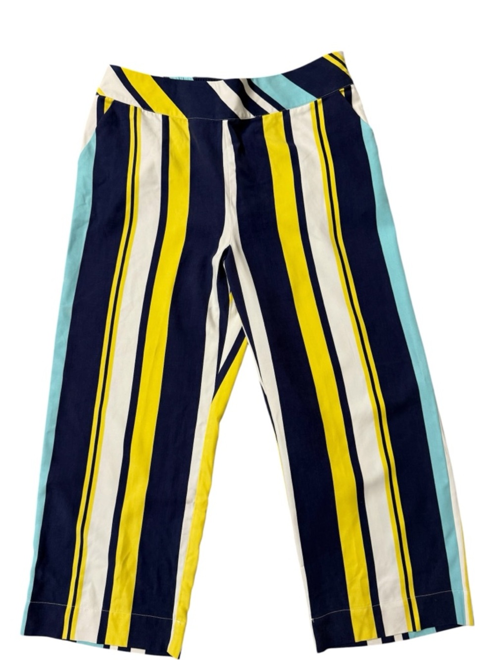 Silk Coastal Stripe Wide Leg‎ Crop Pants Petite XL Blue Yellow Resort Chic